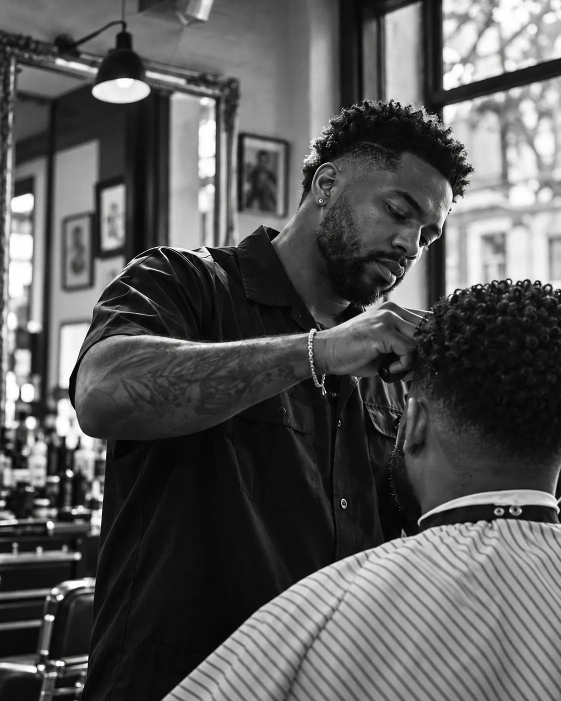 A barber carefully finishing a haircut in a sunlit shop.